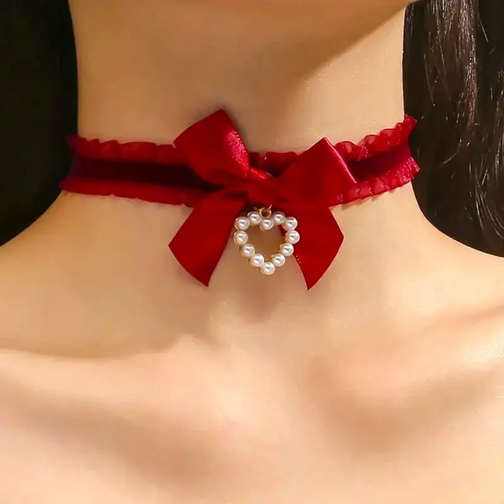 Choker Necklace Collar Lace Sexy Bow Pearl Heart Scene Rave Costume Glam Stylish